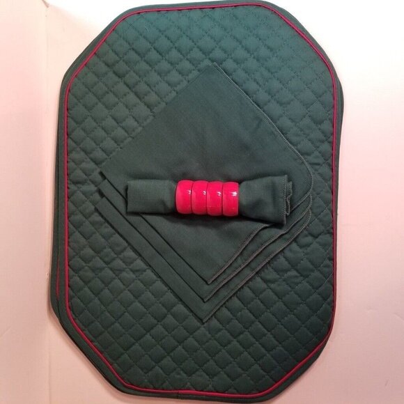 Vintage 90s Christmas Holiday Placemats Napkins Rings Tableware Quilted Set 16 - Picture 3 of 5